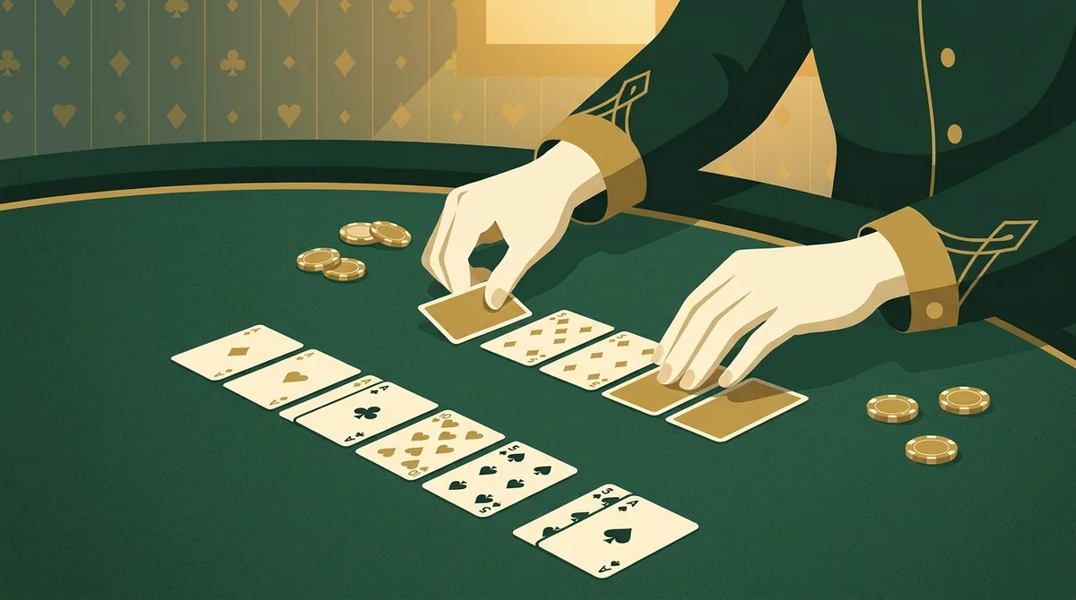 Hands arranging playing cards into ordered rummy sequences and sets on a green table, with gold chips beside them.